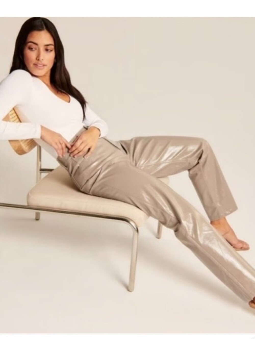 Abercrombie The 90s Straight Ultra High Rise Vegan Leather Pants Beige Tan Sz 8